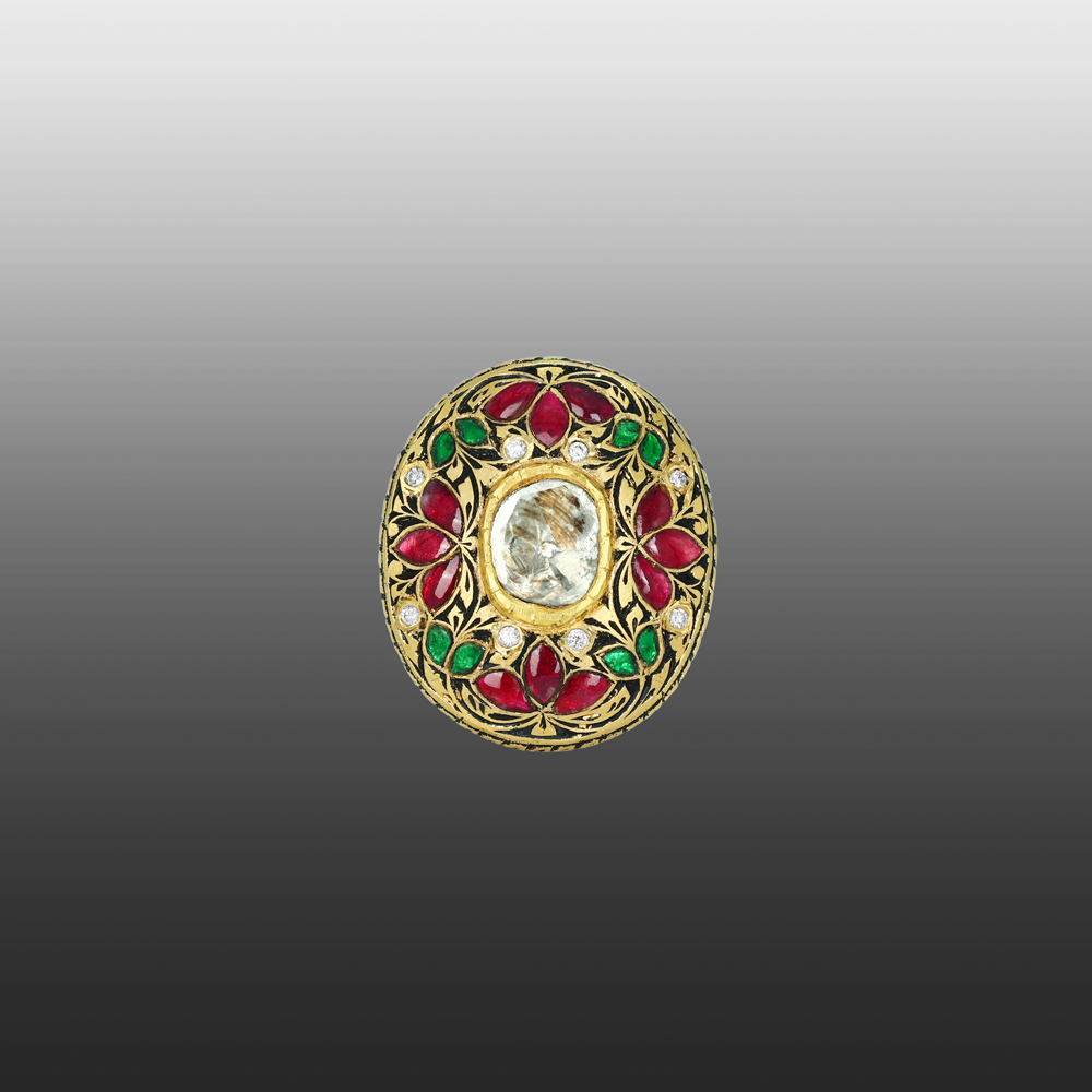 Polki Ring with Red and Green Talaf Floral Design